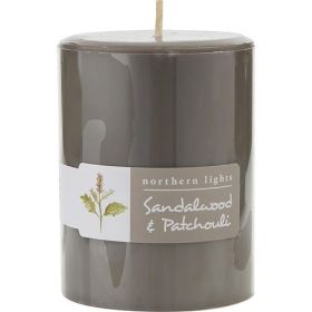 SANDALWOOD & PATCHOULI by Northern Lights ONE 3x4 inch PILLAR CANDLE. BURNS APPROX. 80 HRS.